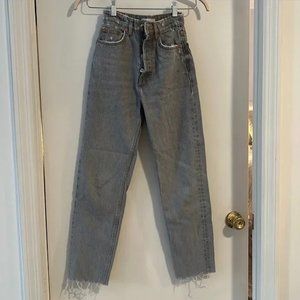 Zara Gray Distressed High Rise Straight Jeans